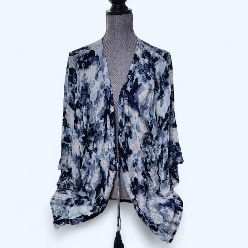 Aakaa Blue Watercolor Floral Tassel Kimono Cover Up OS* Oversized Boho Art Beach